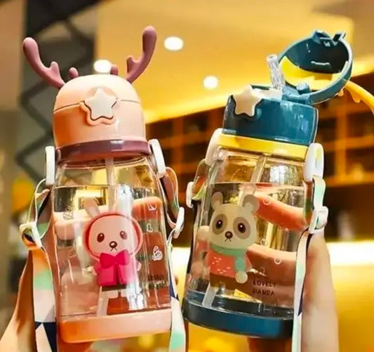 Cartoon Design Water Bottle with Straw & Strap BPA Free Non-Toxic, Anti-Leak Water Bottle for Kids, School, Home (600ML) { PACK OF 1 ANY RANDOM COLOUR }