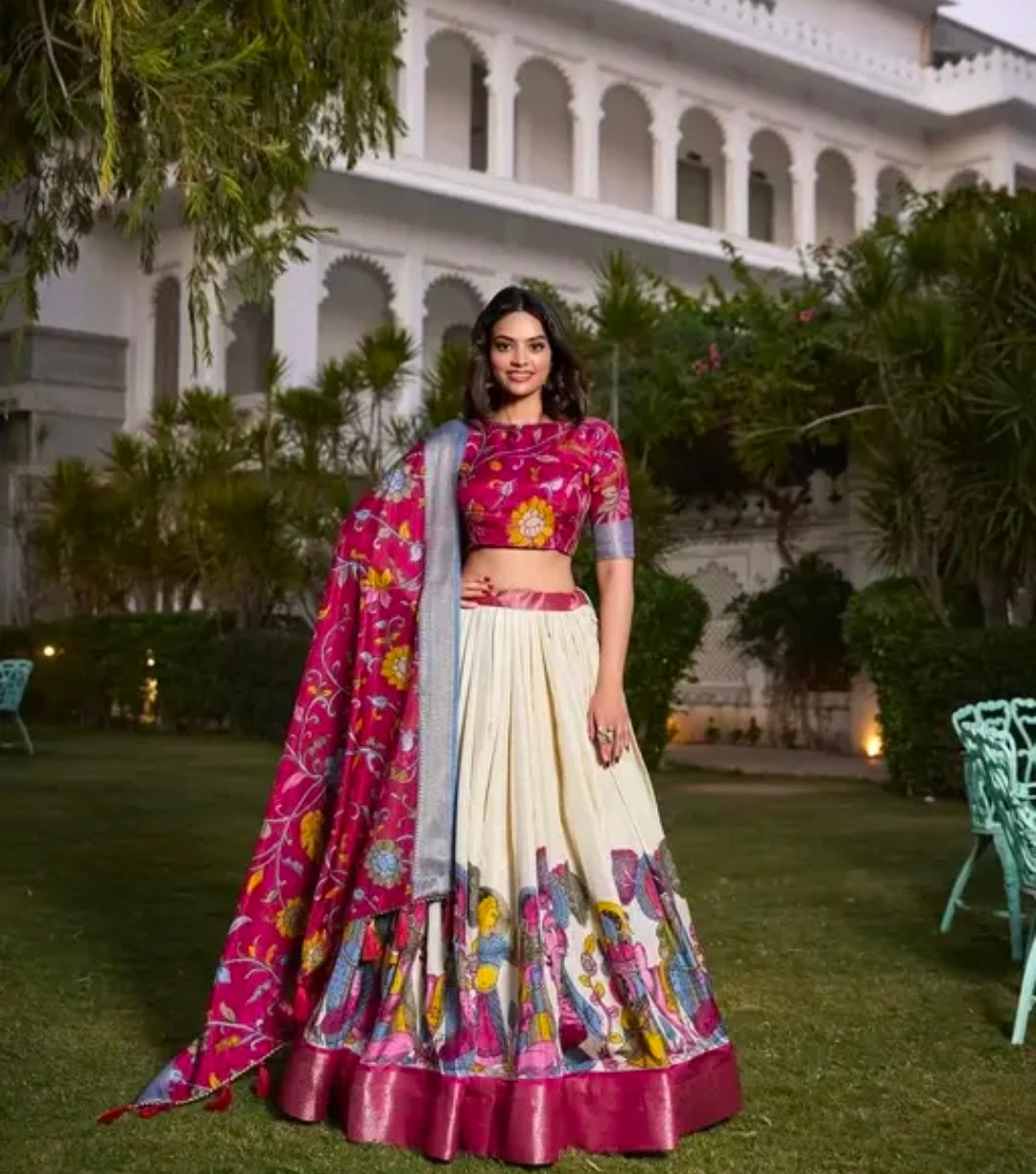Mustard Color Kalamkari Printed With Zari Weaving Border Dola Silk Lehenga Choli