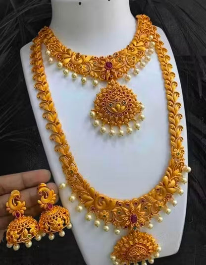 NAGNESHI ART South Indian Bridal Double Necklace With Earings Jwellery Set For Indian Bride