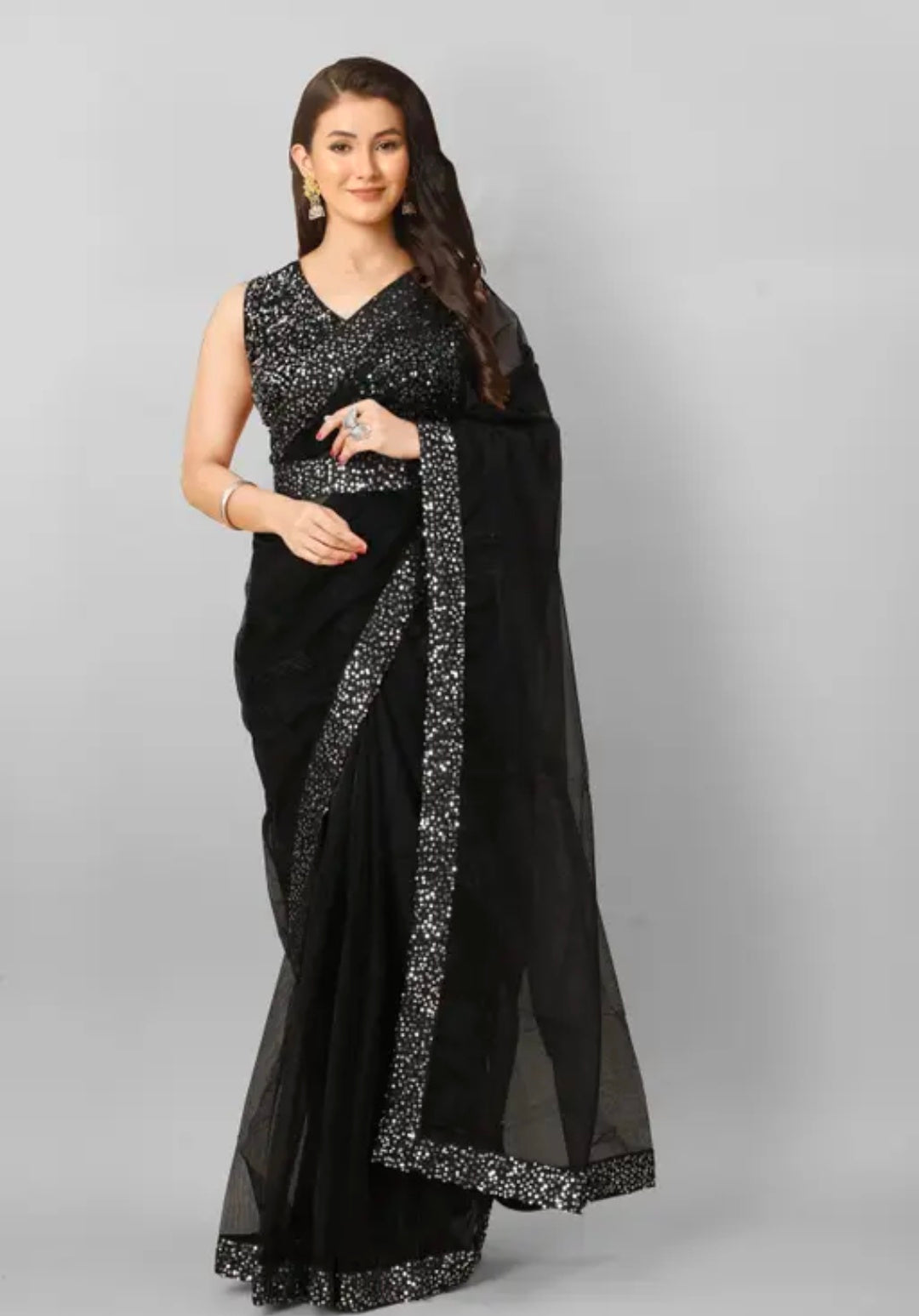 PLERIZA Women's Net Embroidered Sequence Work With Attractive belt sariii and Unstitched Blouse Piece