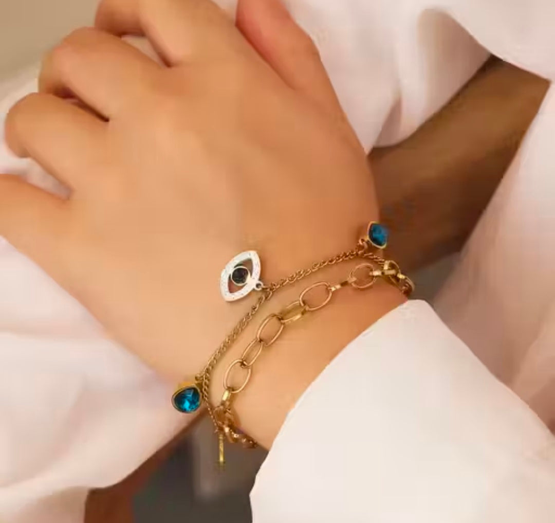 KARISHMA KREATIONS Anti Tarnish Double Layer Evil Eye Gold Plated Stainless Steel Bracelet for Women