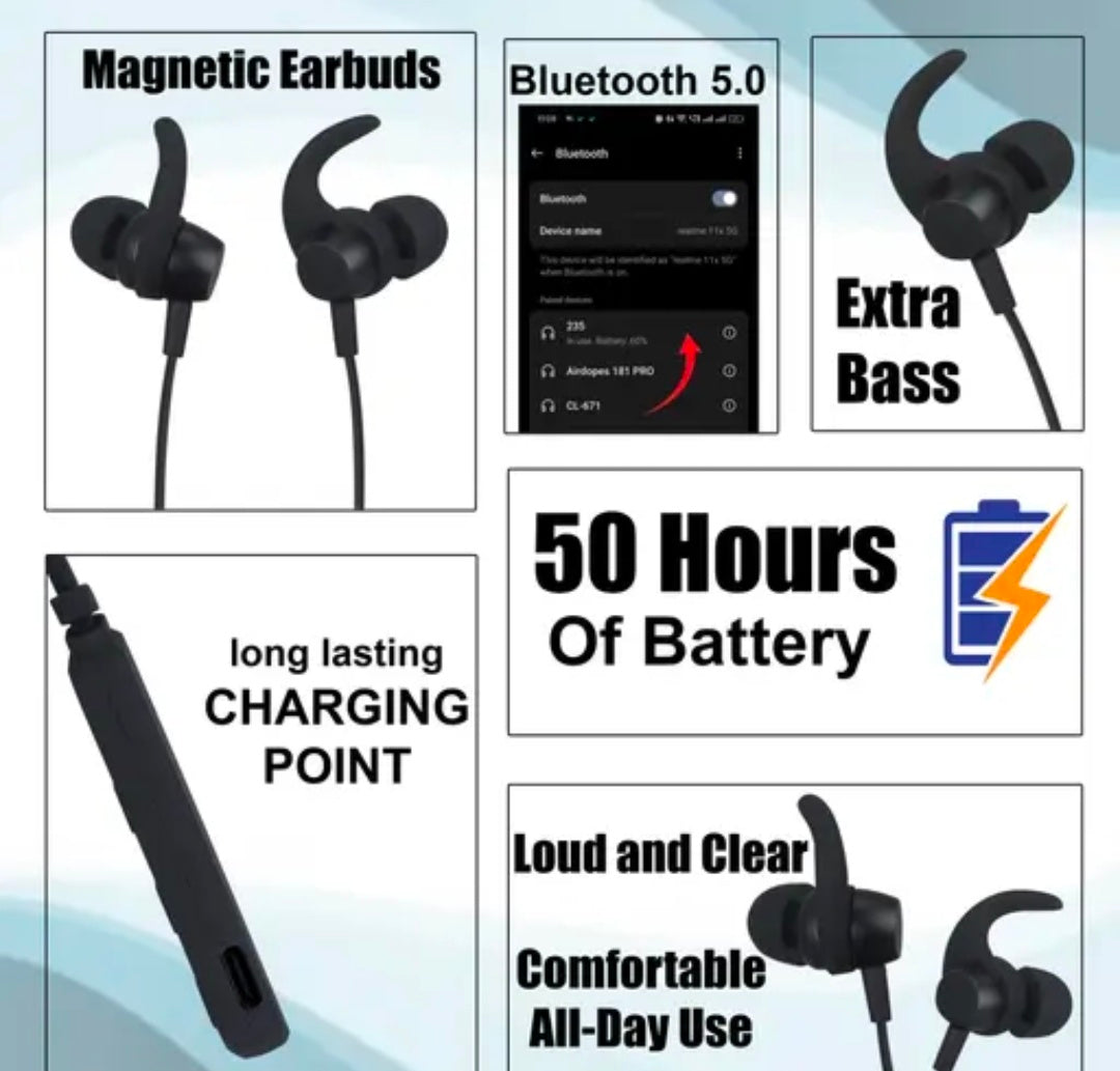 WAPPLER BT - 235 Black Bluetooth Neckband with free 3In 1 cable wireless neckband clear sound quality with powerful base 20 HR Battery type C Charger  magnetic lock metal look & awesome mic sound big battery type C fast charger