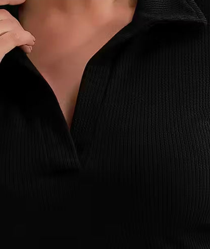 PROKCISTO casual polyester Blend Ribbed Collar V - Neck & Regular Long Sleeves Stylish Black Top