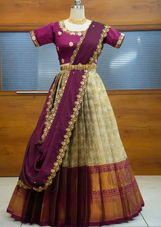 Beautiful Embroidery work Unstitched Half Saree with Woven Design & Rangoli Embroidery Dupatta For Women