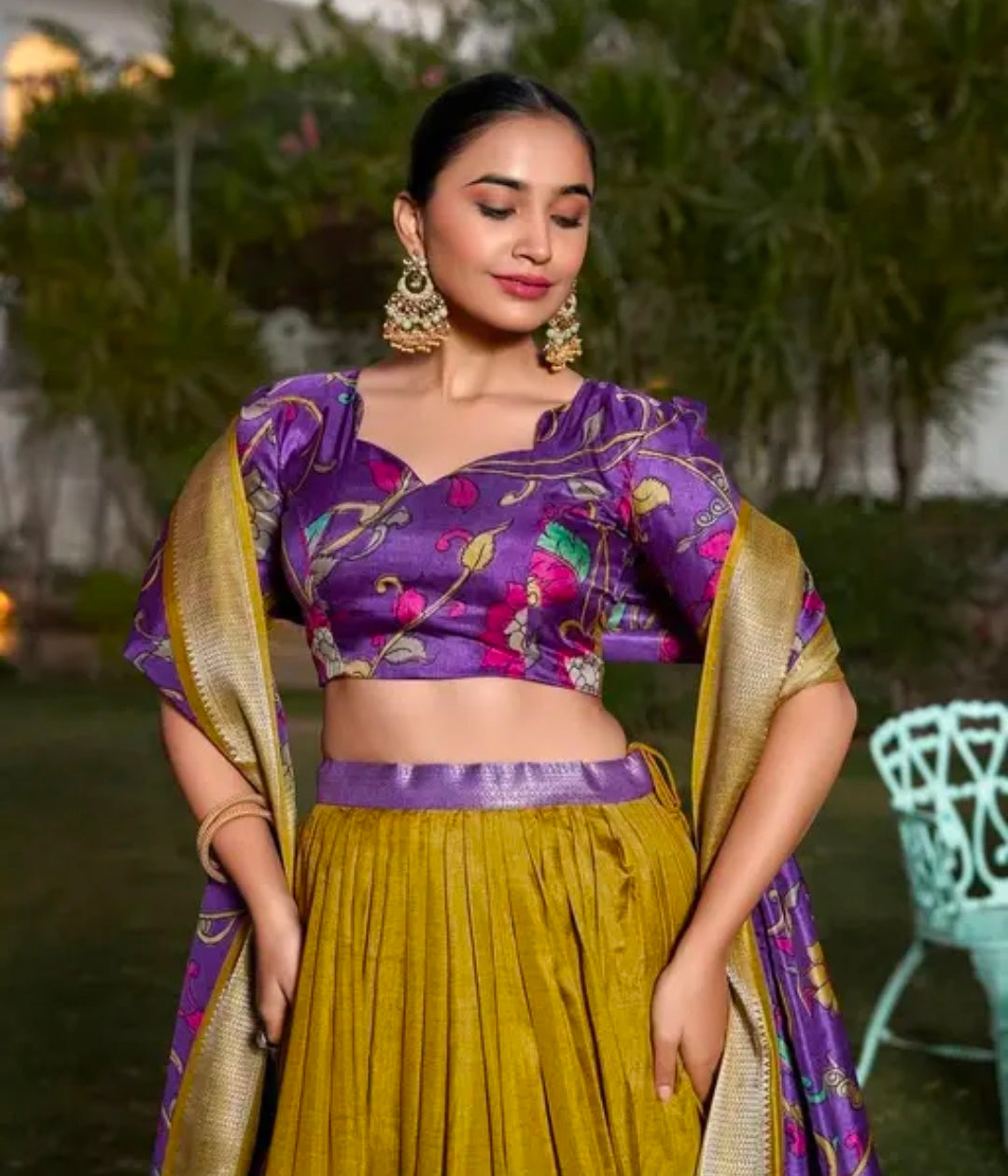 Mustard Color Kalamkari Printed With Zari Weaving Border Dola Silk Lehenga Choli