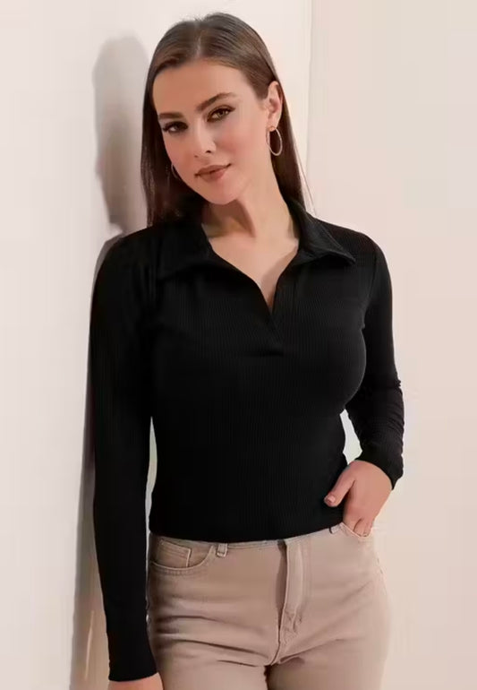 PROKCISTO casual polyester Blend Ribbed Collar V - Neck & Regular Long Sleeves Stylish Black Top