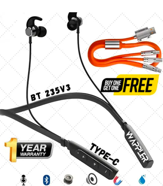 WAPPLER BT - 235 Black Bluetooth Neckband with free 3In 1 cable wireless neckband clear sound quality with powerful base 20 HR Battery type C Charger  magnetic lock metal look & awesome mic sound big battery type C fast charger