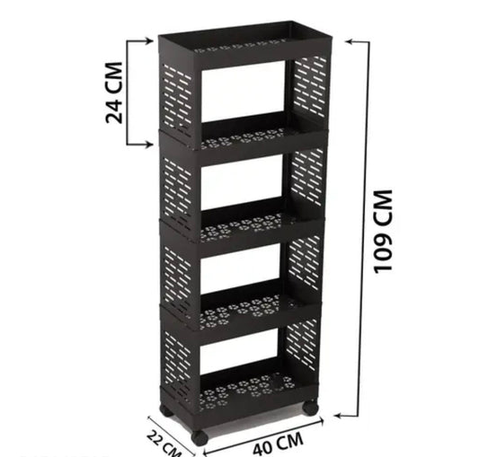 5 Layer Plastic Kitchen Storage Trolley Rack with Caster Wheels, Rolling Utility Cart Slide Out Storage Shelves Space Saving Home Storage Organizer Racks, Black (5 Layer)