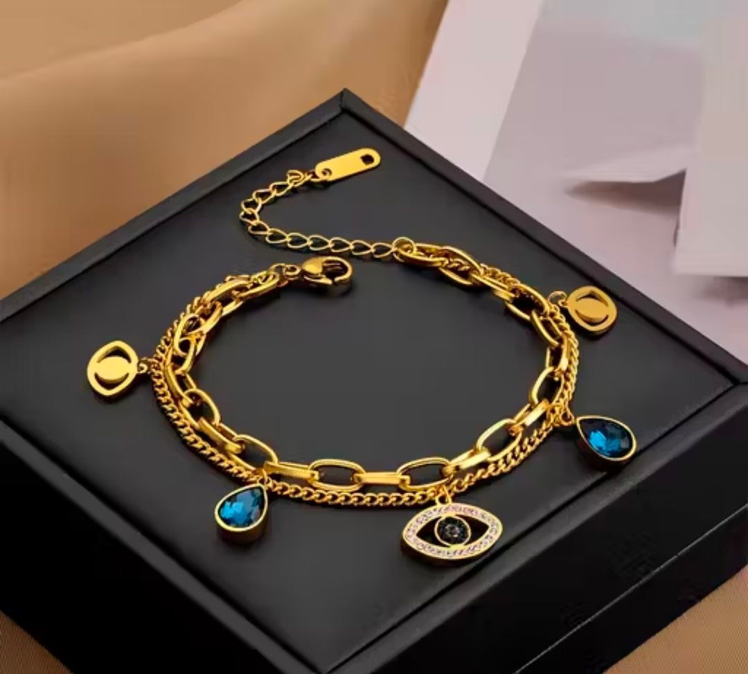 KARISHMA KREATIONS Anti Tarnish Double Layer Evil Eye Gold Plated Stainless Steel Bracelet for Women