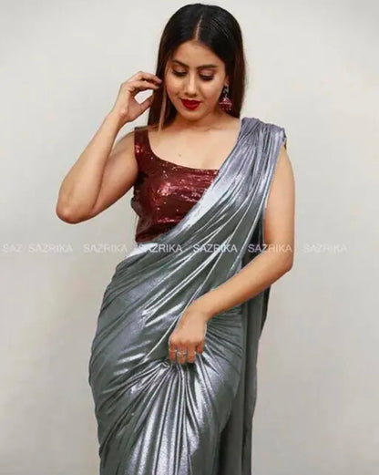The Fashionology, Women's Plain Lycra Silk Saree With Unstitched Blouse Piece | Bollywood Style, Party/Casual Wear Saree | Length 5.5 Meter | Get a Free Golden Belt | With a Free Scrunchies