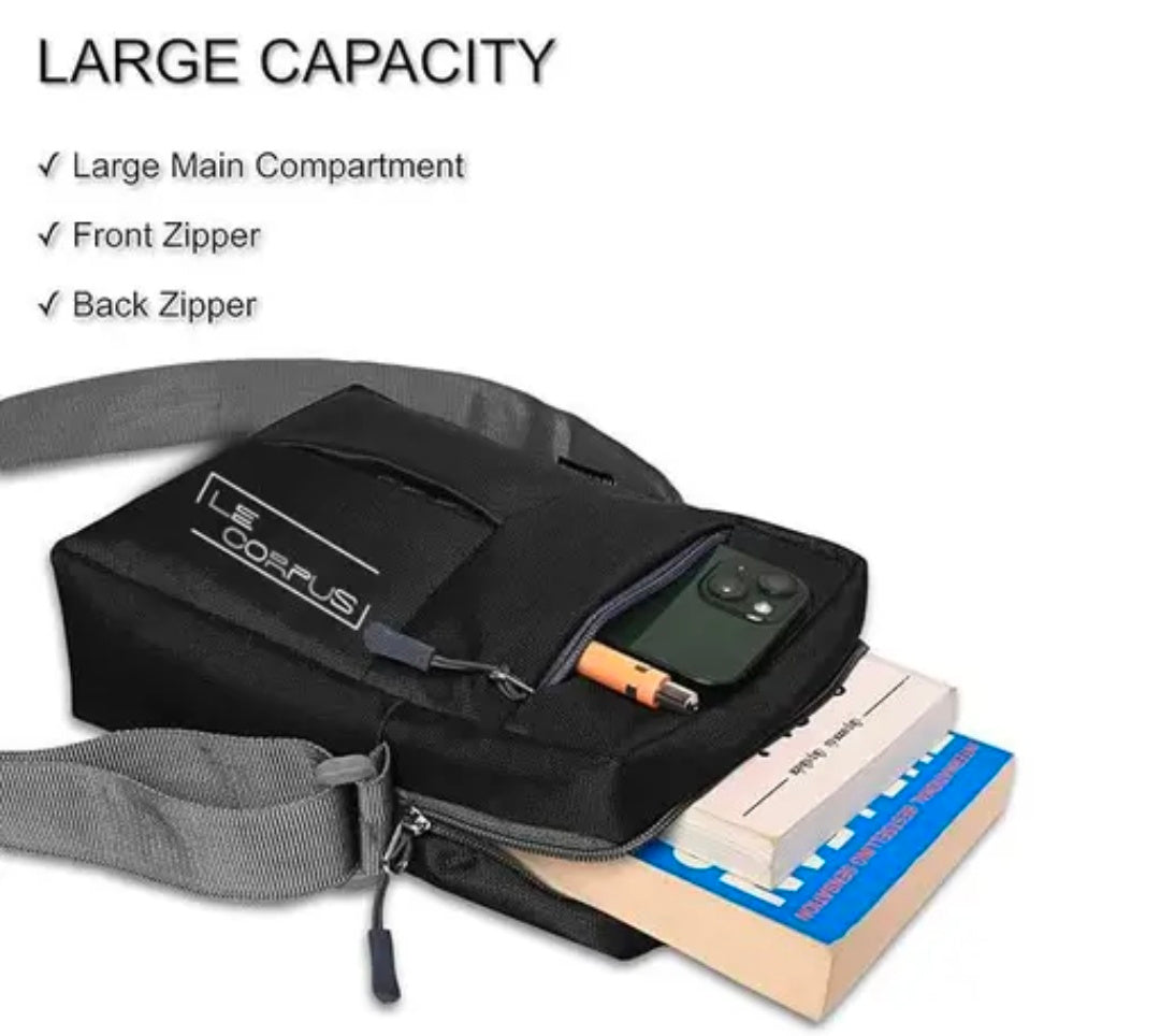 Le Corpus Polyester Stylish Small Size Padded Sling Cross Body Travel and Office Messenger Side Bag with Multi-Pocket Zip Closure For Men and Women
