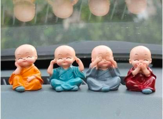 Small Set of 4 Baby Monk Buddha Showpiece Polyresin Car Dash, Living Room, Office Decoration Status (4 Baby Monk, Multicolour)