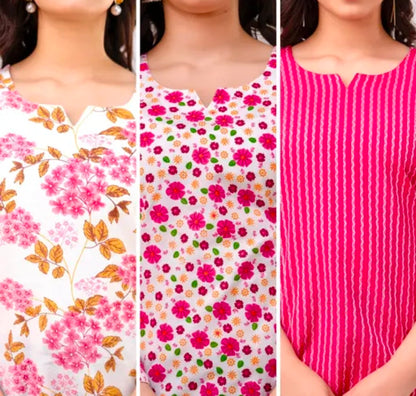Women’s Short Printed Kurti Pack of 3 Cotton Casual Combo for Women