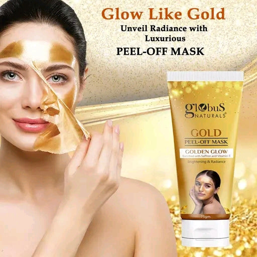 Globus Naturals Gold Peel Off Mask For Golden Glow, Enriched with Saffron & Vitamin-E, Brightening & Radiance, Suitable For All Skin Types, 75 g
