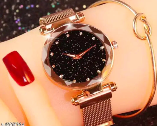 Premium Black Round Diamond Dial with Latest Generation Rosegold Magnet Belt Analogue Watch for Women Pack of - 1 (DM-ROSEGOLD03)
