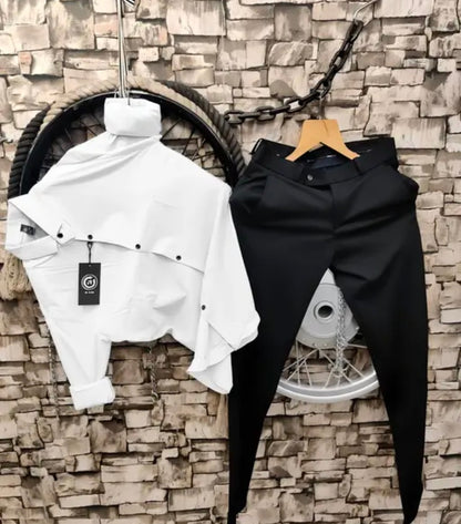 Mans Stylish Shirt Pent Pair trouser lowers uppers cotton shirt Men Regular Fit Solid Curved Collar Casual Shirt