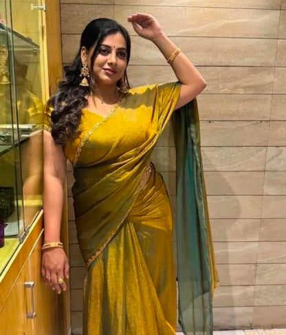 Gold & Rama Green Two-Tone Soft Fancy Chiffon Silk Designer Saree with Beads & Stones, Gumming Lace Border, Embellished Partywear Wedding Sari for Festivals, Marriage, Gatherings – 6.3 Meter Length Including Running Blouse Piece – Lace Work Bollywood-Insp