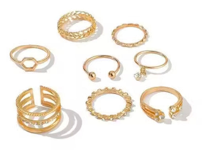 Vembley Gold Plated 8 Piece White Crystal Drop Heart Multi Designs Ring Set For Women & Girls