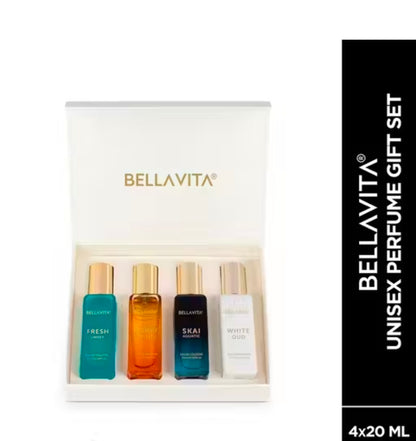 Bella Vita Organic Unisex Luxury Perfume Gift Set 4×20 ML( SKAI,FRESH,WHITEOUD,HONEYOUD ) for men & women ( pack of 4 )