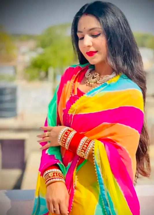 Pandadi Saree Women's Silk Leheriya Saree With Unstitched Blouse Piece