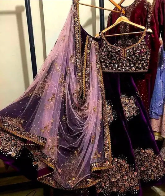 Womens Viscose Velvet Embroidered Bollywood Lehenga Choli With Blouse Piece