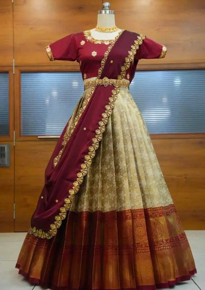 Beautiful Embroidery work Unstitched Half Saree with Woven Design & Rangoli Embroidery Dupatta For Women