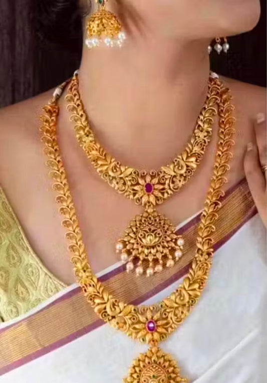 NAGNESHI ART South Indian Bridal Double Necklace With Earings Jwellery Set For Indian Bride