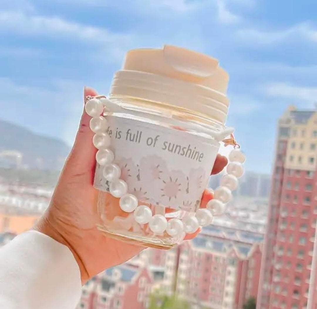 KELVEE Glass Coffee Tumbler with Lid and Straw Pack of 1, Milk Mug with Pearl Chain Belt & Leather Grip Reusable Travel Sipper Cute Mugs for Girls for Juice Smoothies iced Tea Cups, 350 Ml (Ivory)