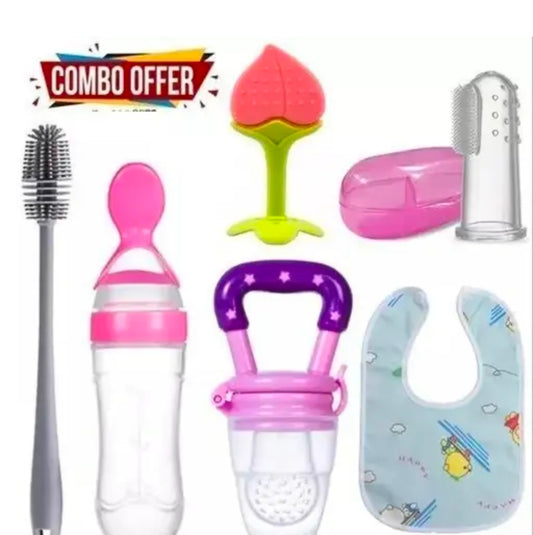 Baby feeding combo baby spoon fruit feeder bib finger brush teether bottle brush