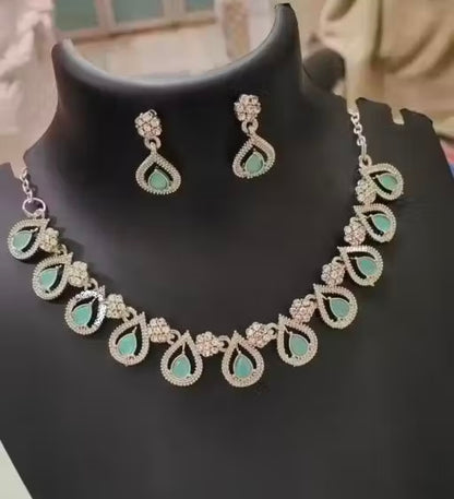 Willanzy Rhodium Patted Necklace Jewellery Set In Pista Green Colour