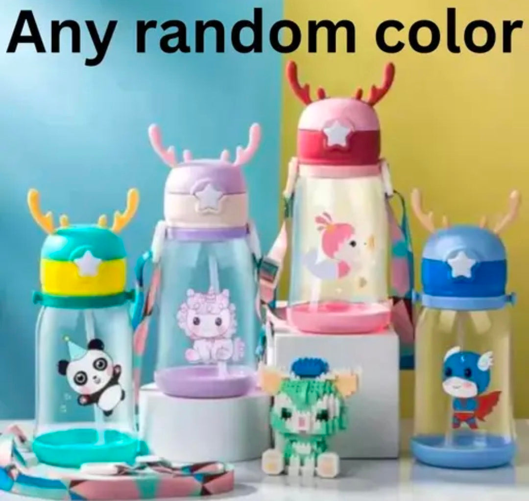 Cartoon Design Water Bottle with Straw & Strap BPA Free Non-Toxic, Anti-Leak Water Bottle for Kids, School, Home (600ML) { PACK OF 1 ANY RANDOM COLOUR }