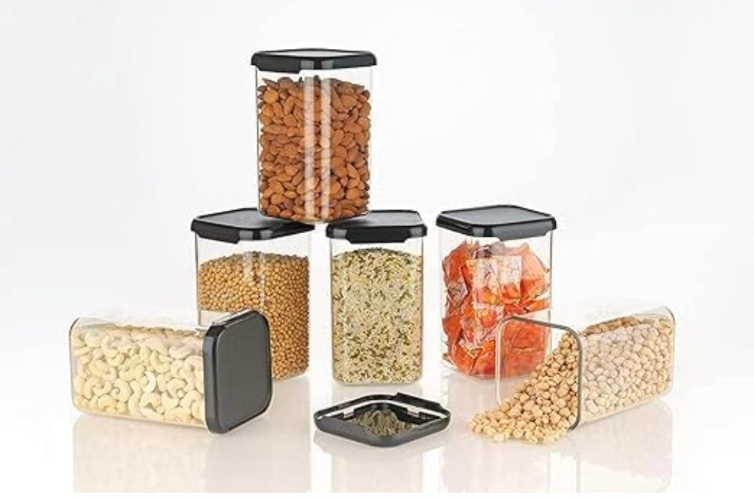 TUWEL Square Air-Tight Unbreakable (PACK OF 6; 1100ml) Kitchen Storage Container Set | BPA-Free Modular | Space-Saving Grocery Organizer