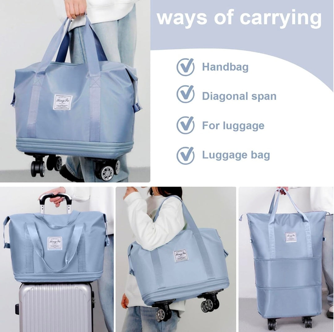 Nylon 61 Cm Travel Duffle Bag With Wheels Expandable Foldable Bag For Travel Waterproof With Rolling Detachable Wheels