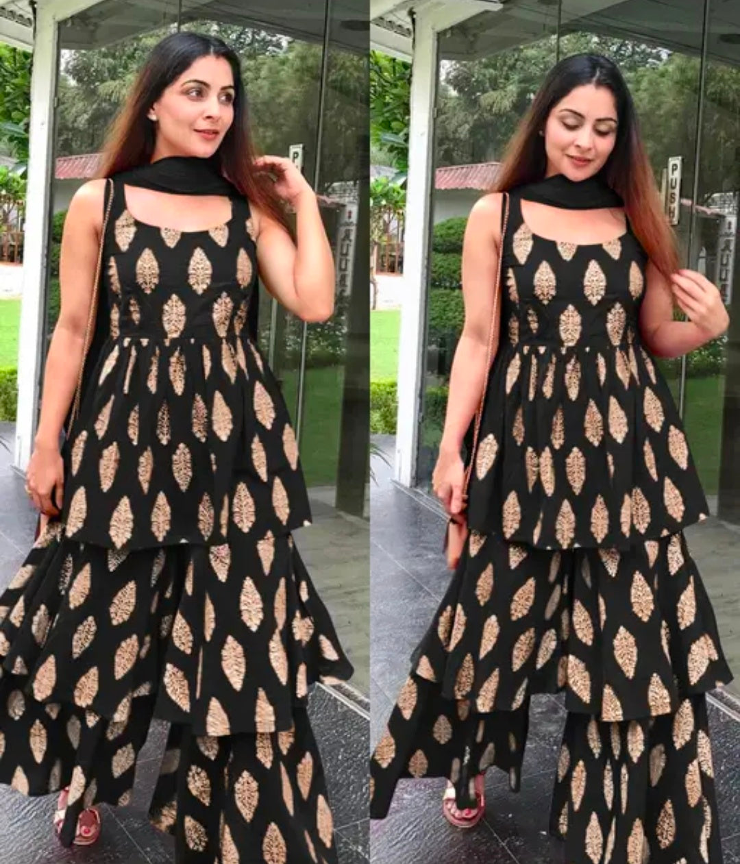 Women's Beautiful Traditional Rayon Printed Kurta Sharara And Net Dupatta Set
