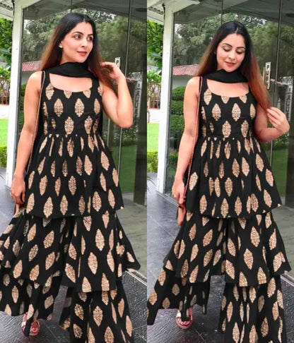 Women's Beautiful Traditional Rayon Printed Kurta Sharara And Net Dupatta Set