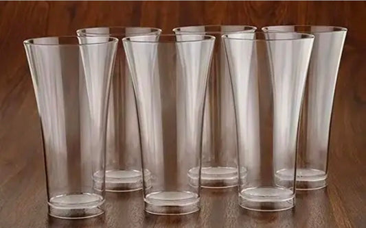 6 Pcs Round Long Unbreakable Transparent BPA Free Food Grade Plastic Fiber Drinking Water Glass Set, Juice Glass, Cocktail, Lassi, Soda, Milkshake, Beer Glass, Wine Glass Set