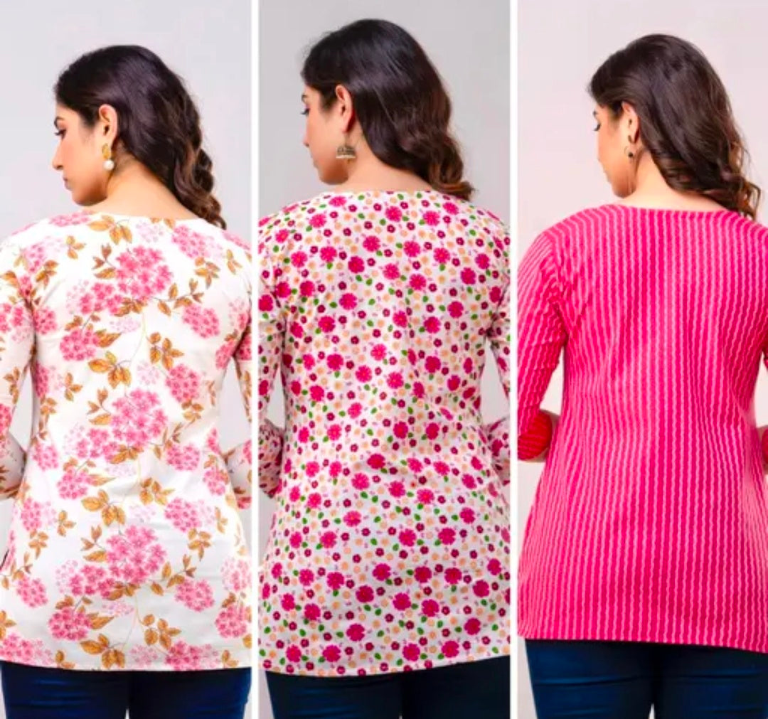 Women’s Short Printed Kurti Pack of 3 Cotton Casual Combo for Women