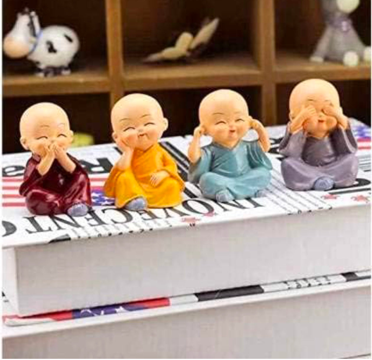 Small Set of 4 Baby Monk Buddha Showpiece Polyresin Car Dash, Living Room, Office Decoration Status (4 Baby Monk, Multicolour)