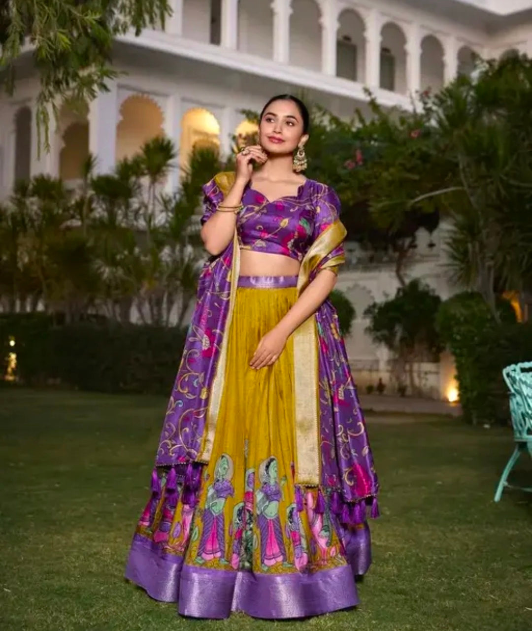 Mustard Color Kalamkari Printed With Zari Weaving Border Dola Silk Lehenga Choli