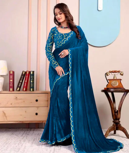 Dream Crushers Velvet Saree for Women with Embroidered Blouse Piece | Designer Lace Border Saree for Festival | Soft Velvet Fabric with Elegant Detailing