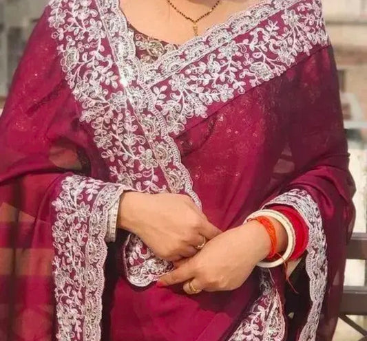 Georgette Embroidered Elegant Purple Color Sreee With Blouse || Saree For Women || Trending Saree For Women || Bollywood Stylish Fancy Party Wear Wedding Festive Bridal Sari/Saree For Women