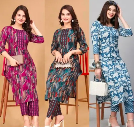 Approach Collection Festival and Daily Wear Floral Printed Kurta Set (Pack of 3)