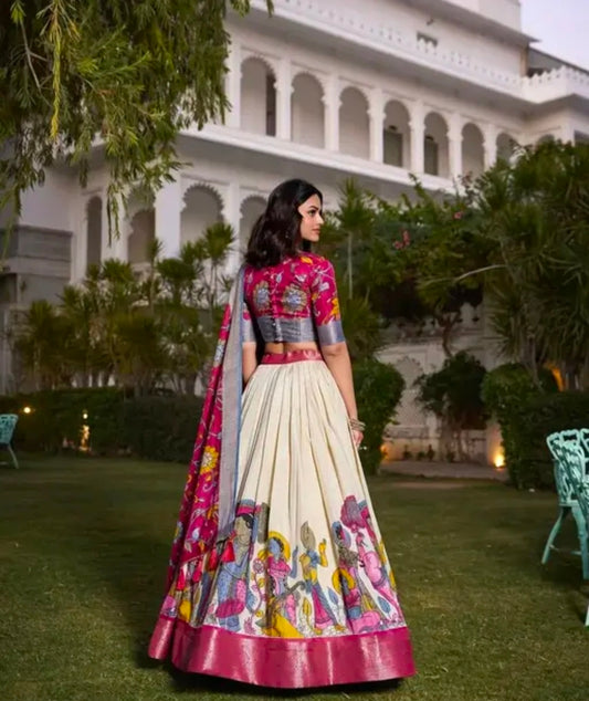 Mustard Color Kalamkari Printed With Zari Weaving Border Dola Silk Lehenga Choli
