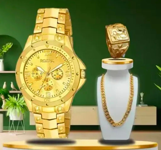 Rosra Golden Formal Watch For Men's Ring +Chain Free (MOR RING+ CHAIN) For Boys