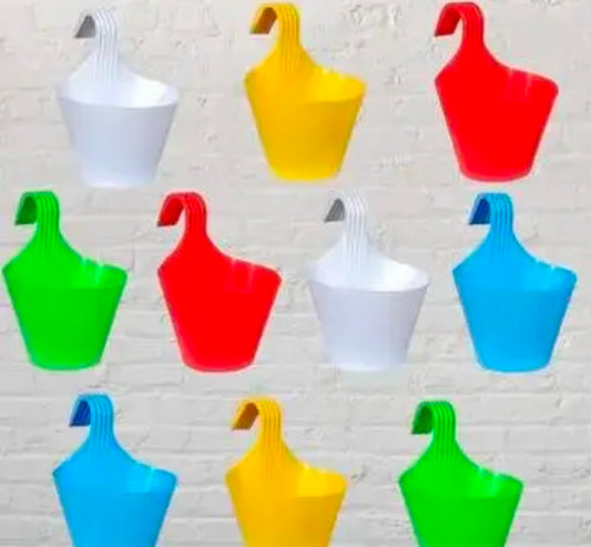 PACK OF 10 - hook plastic hanging pots ( multicolour) |flower hanging pots for home/balcony garden |hanging planters plastic pots indoor and outdoor pots, railing pots, balcony pots hanging basket pots for home plants |hooked hanging pots