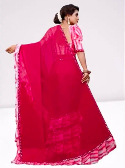 Women's Georgette Saree With Blouse Piece, Ruffle Frill Saree