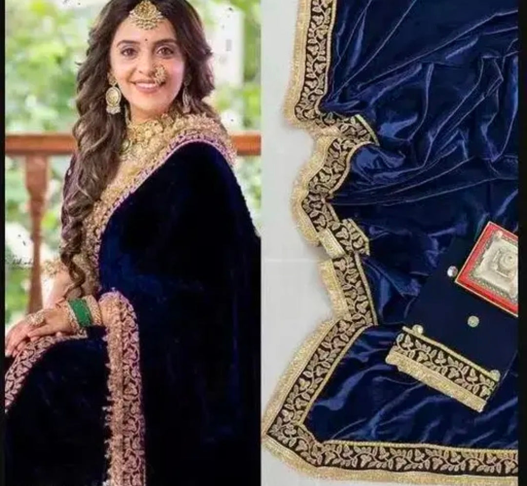 FASHION TODAY WOMEN SPECIAL WEDDING SUPERHIT TRENDING NAVY BLUE VELVET SAREE WITH BLOUSE || Saree For Women || Fancy Saree For Women || Bollywood Designer Party Wear Wedding Festive Saree/Sari For Women With Stylish Blouse