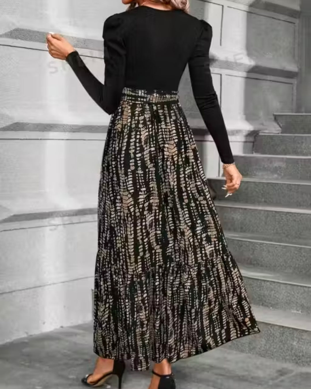 Hook i Clasi women's Autumn Dress With Bow Tie Belt,Leaf & Floral Patchwork A- Line Skirt Maxi Women Outfit