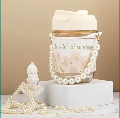 KELVEE Glass Coffee Tumbler with Lid and Straw Pack of 1, Milk Mug with Pearl Chain Belt & Leather Grip Reusable Travel Sipper Cute Mugs for Girls for Juice Smoothies iced Tea Cups, 350 Ml (Ivory)