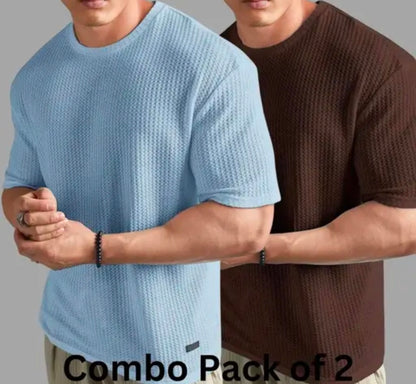 Elvesta Men's Oversized Waffle Knit T-shirt Combo Pack of 2 | Popcorn Texture